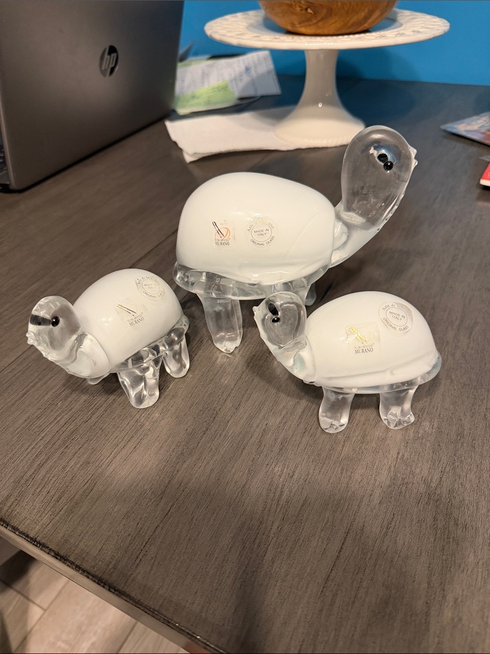 Murano White and Clear Glass Turtle Figurine Set